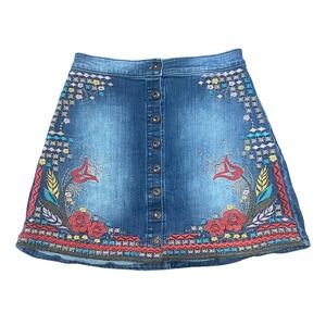 Sneak Peek Embroidered Denim A Line Button Front Skirt Size S